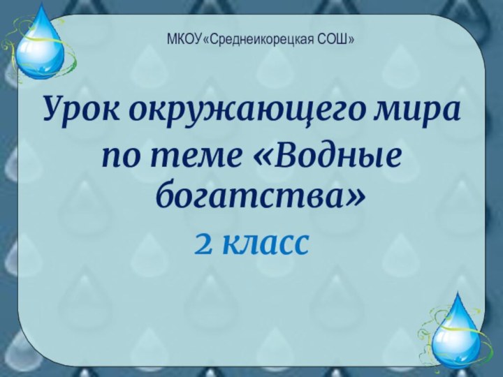 Урок окружающего мира по теме «Водные богатства»2 классМКОУ«Среднеикорецкая СОШ»