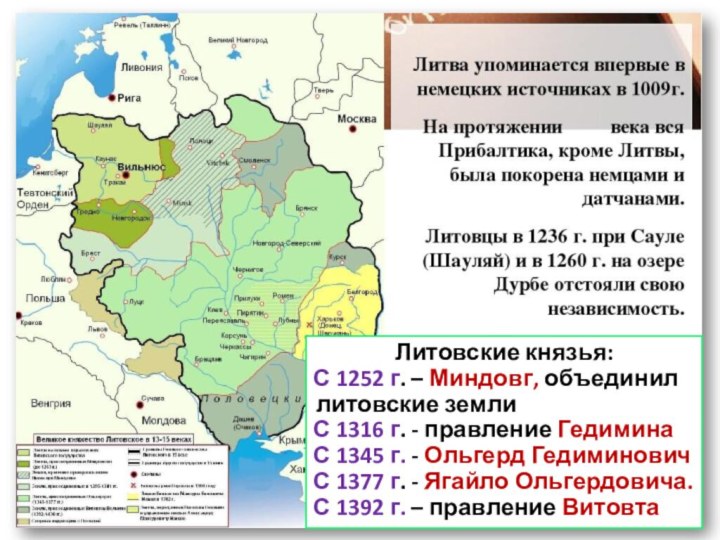Литовские князья:С 1252 г. – Миндовг, объединил литовские землиС 1316 г. -