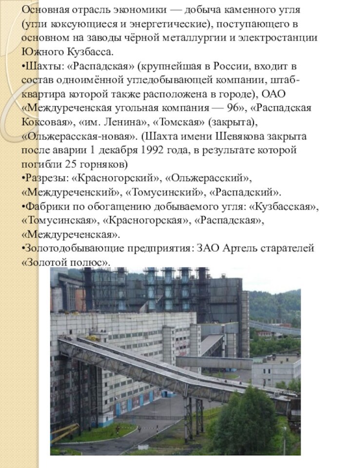 Основная отрасль экономики — добыча каменного угля (угли коксующиеся и энергетические), поступающего