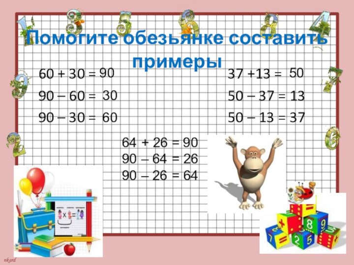 Помогите обезьянке составить примеры 60 + 30 = 90 – 60
