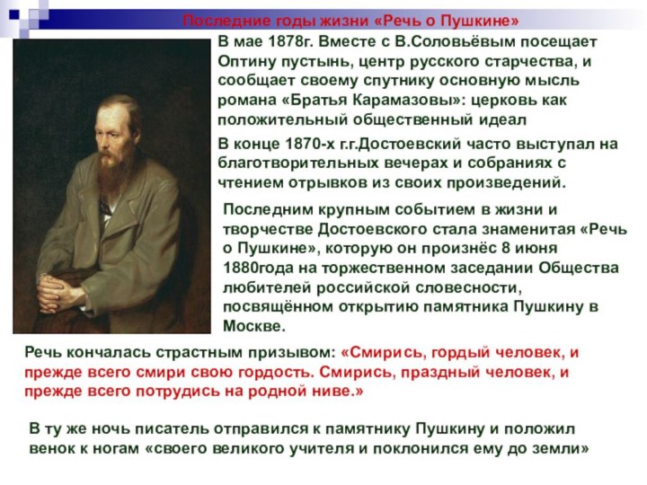 Последние годы жизни «Речь о Пушкине»В мае 1878г. Вместе с В.Соловьёвым