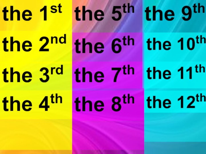 the 1stthe 5ththe 2ndthe 3rdthe 4ththe 6ththe 7ththe 8ththe 9ththe 10ththe 11ththe 12th