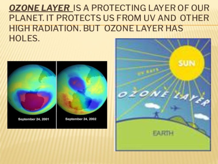OZONE LAYER IS A PROTECTING LAYER OF OUR PLANET. IT PROTECTS US