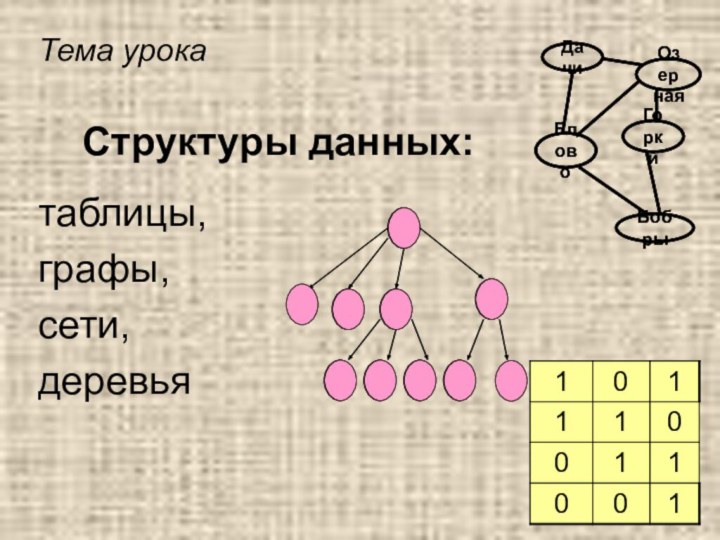 Тема урока    Структуры данных:таблицы,графы, сети, деревья