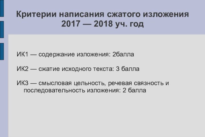 Критерии написания сжатого изложения  2017 — 2018 уч. годИК1 — содержание