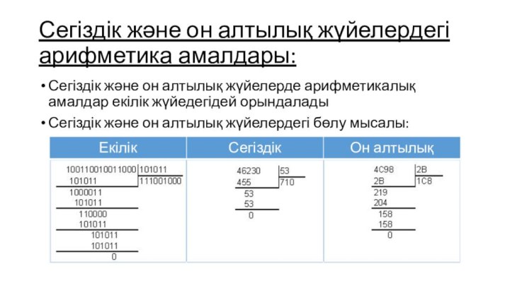 Сегіздік және он алтылық жүйелердегі арифметика амалдары: Сегіздік және он алтылық жүйелерде