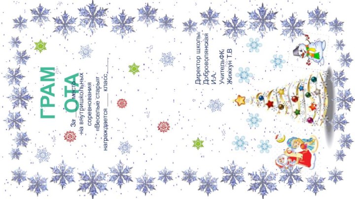 ГРАМОТАЗа _____ место на внутришкольных соревнования «Веселые стары» награждается ____ класс_____Директор школы:Доброволянская И.А.УчительФК:Жижкун Т.В