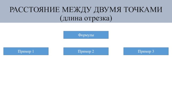 РАССТОЯНИЕ МЕЖДУ ДВУМЯ ТОЧКАМИ  (длина отрезка) ФормулыПример 2Пример 1Пример 3