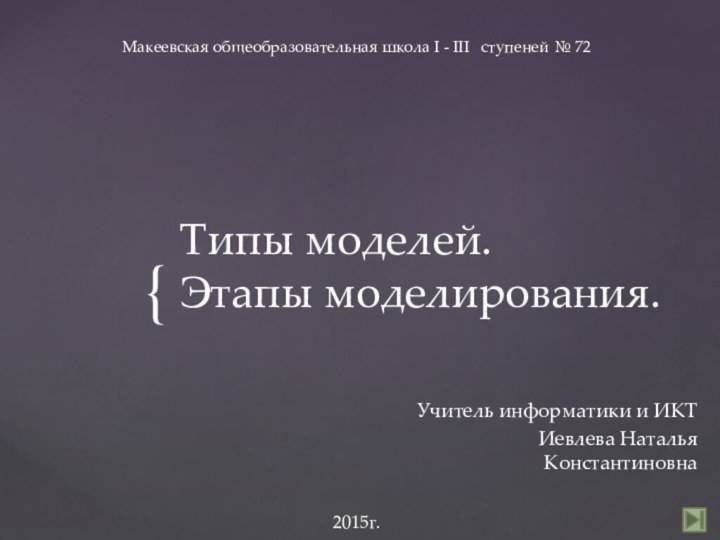 Типы моделей.  Этапы моделирования. Учитель информатики и ИКТ Иевлева Наталья КонстантиновнаМакеевская