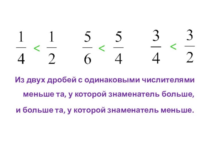 Из двух дробей с одинаковыми числителями меньше та, у которой знаменатель больше,