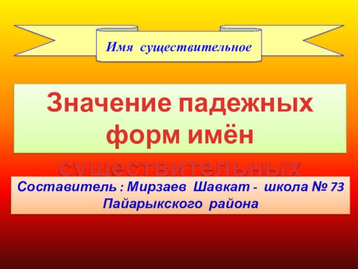 Значение падежных форм имён существительныхСоставитель : Мирзаев Шавкат - школа № 73 Пайарыкского районаИмя существительное