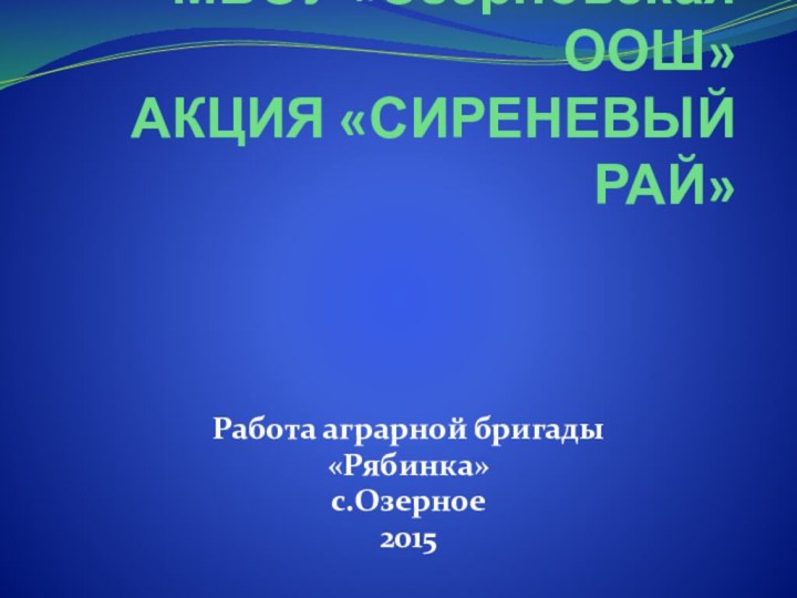 МБОУ «Озерновская ООШ» АКЦИЯ «СИРЕНЕВЫЙ РАЙ»Работа аграрной бригады«Рябинка»с.Озерное2015