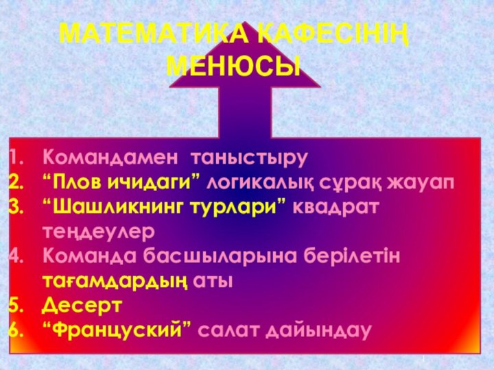 Командамен таныстыру “Плов ичидаги” логикалық сұрақ жауап “Шашликнинг турлари” квадрат теңдеулерКоманда басшыларына