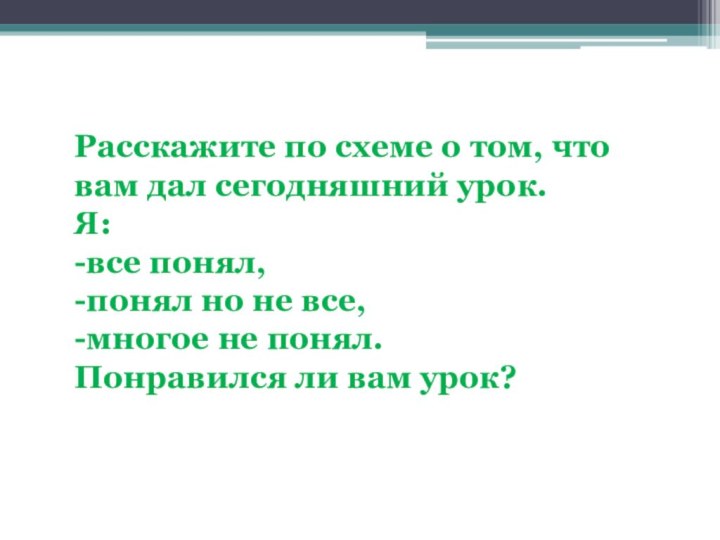 Расскажите по схеме о том, что вам дал сегодняшний урок. Я: -все