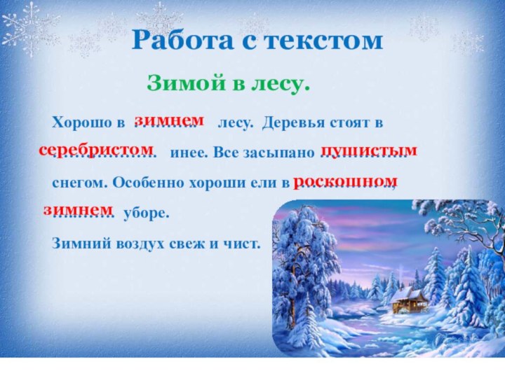 Хорошо в . . .……..   лесу. Деревья стоят в