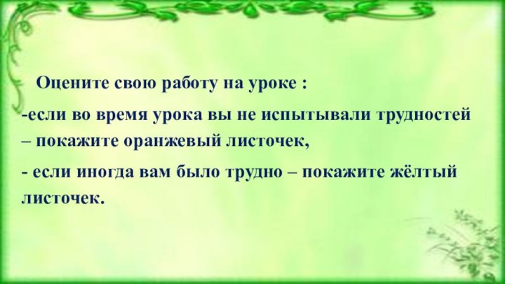 Оцените свою работу на уроке :-если во время урока вы не испытывали