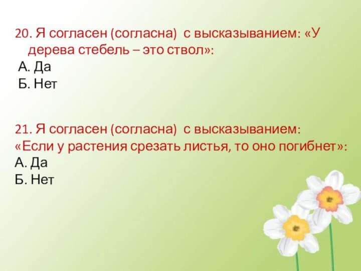 20. Я согласен (согласна) с высказыванием: «У дерева стебель – это ствол»: