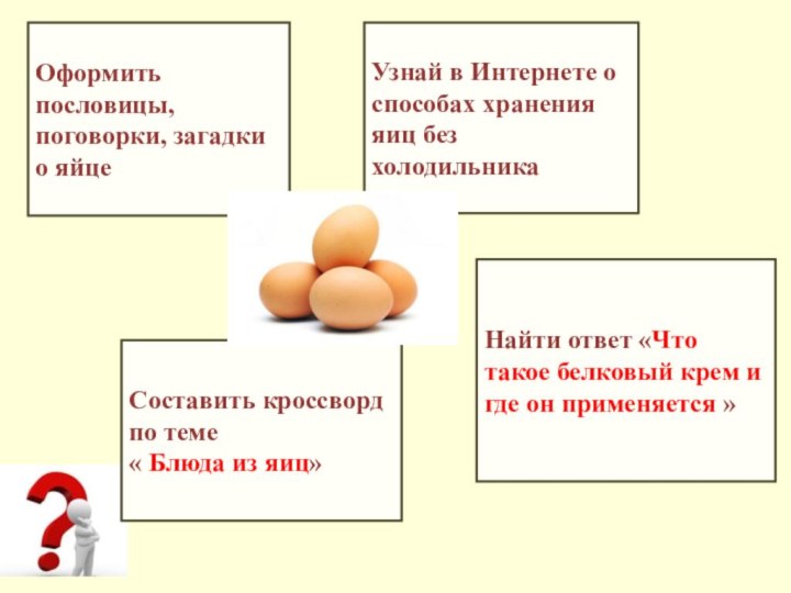 Оформить пословицы, поговорки, загадки о яйцеСоставить кроссворд по теме « Блюда из