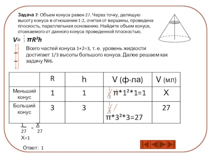 : Задача 7: Объем конуса равен 27. Через точку, делящую высоту