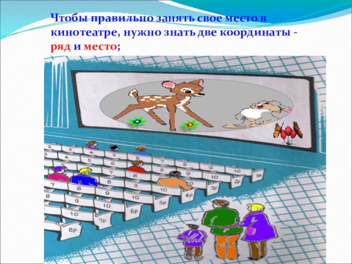 Чтобы правильно занять свое место в кинотеатре, нужно знать две координаты - ряд и место;