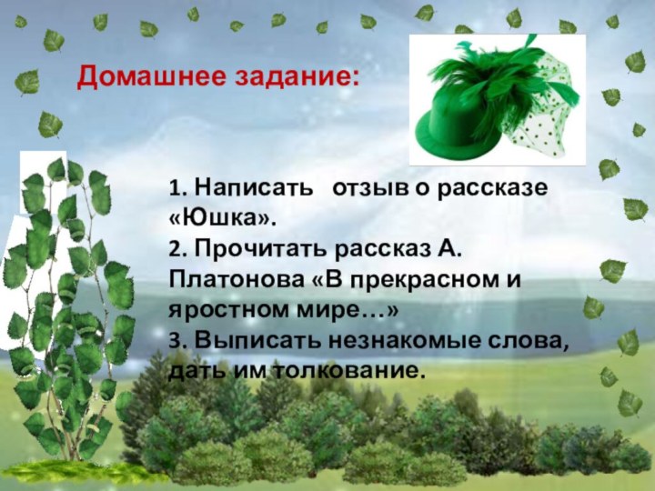 Домашнее задание:1. Написать  отзыв о рассказе «Юшка».2. Прочитать рассказ А. Платонова