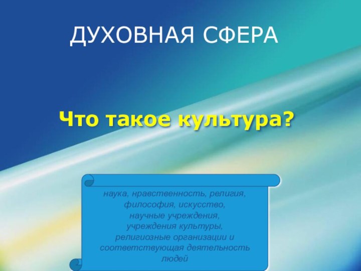 ДУХОВНАЯ СФЕРАнаука, нравственность, религия, философия, искусство, научные учреждения, учреждения культуры, религиозные организации