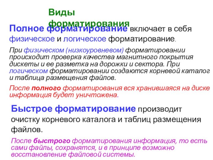 Быстрое форматирование производит очистку корневого каталога и таблиц размещения файлов.После быстрого форматирования