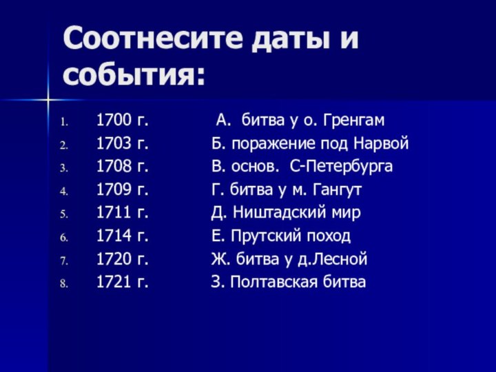 Соотнесите даты и события:1700 г.			 А. битва у о. Гренгам1703 г.			Б. поражение