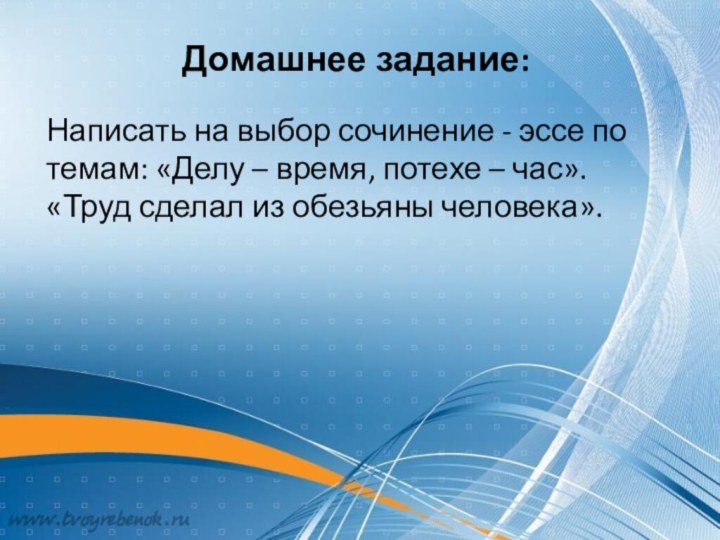 Домашнее задание:Написать на выбор сочинение - эссе по темам: «Делу – время,