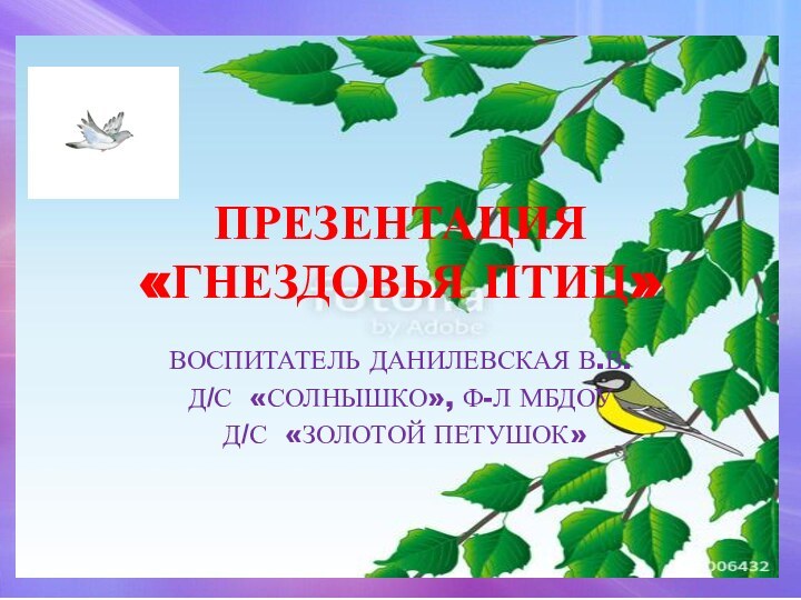 ПРЕЗЕНТАЦИЯ  «ГНЕЗДОВЬЯ ПТИЦ»ВОСПИТАТЕЛЬ ДАНИЛЕВСКАЯ В.В.Д/С «СОЛНЫШКО», Ф-Л МБДОУ Д/С «ЗОЛОТОЙ ПЕТУШОК»