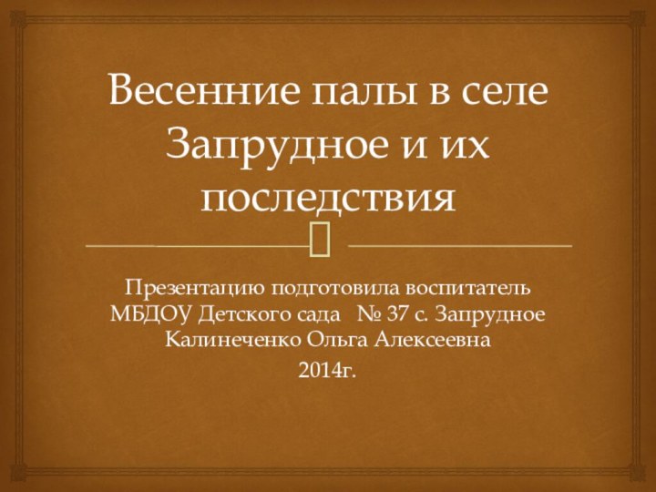 Весенние палы в селе Запрудное и их последствия Презентацию подготовила воспитатель МБДОУ