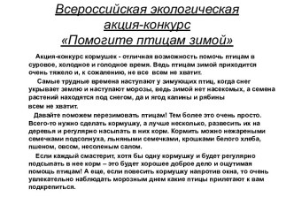 Презентация коллективной работы Рукотворная птичья столовая в рамках Всероссийской экологической акции-конкурса Помогите птицам зимой