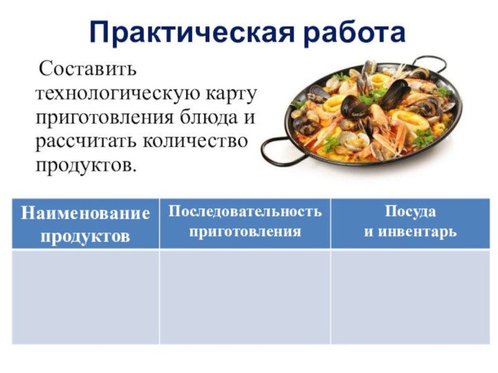 Практическая работа  Составить технологическую карту приготовления блюда и рассчитать количество продуктов.