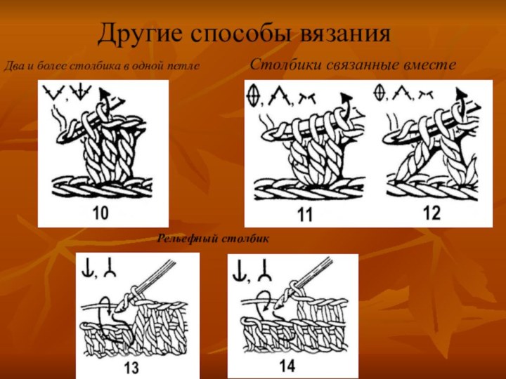 Другие способы вязания Два и более столбика в одной петлеСтолбики связанные вместе Рельефный столбик