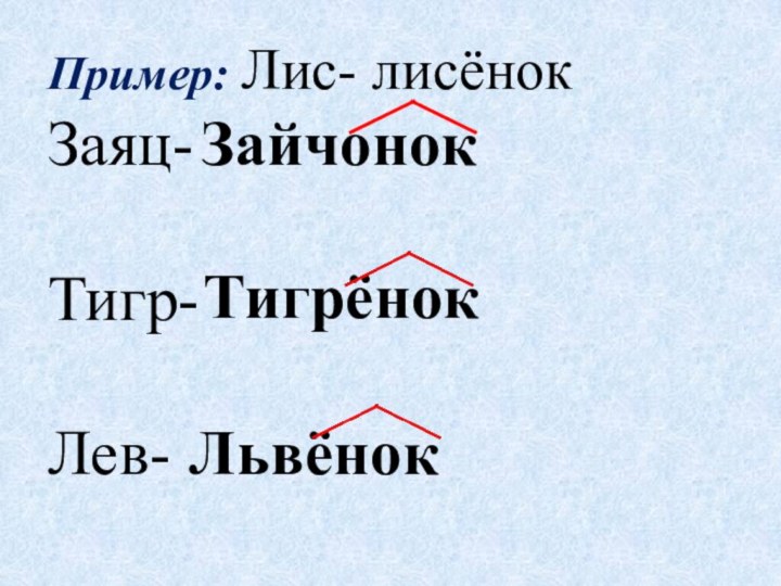 Пример: Лис- лисёнок Заяц-  Тигр-  Лев-Зайчонок ТигрёнокЛьвёнок