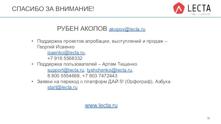 СПАСИБО ЗА ВНИМАНИЕ!РУБЕН АКОПОВ akopov@lecta.ruПоддержка проектов апробации, выступлений и продаж – Георгий