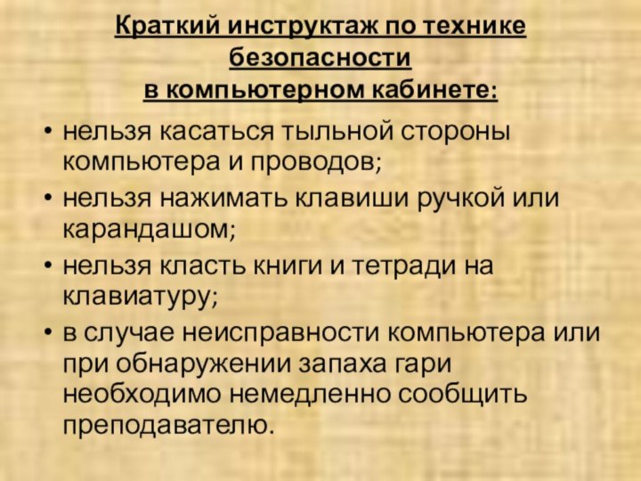 Краткий инструктаж по технике безопасности в компьютерном кабинете: нельзя касаться тыльной стороны