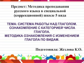 Методика преподавания русского языка в специальной (коррекционной) школе V вида. Тема: Глагол.