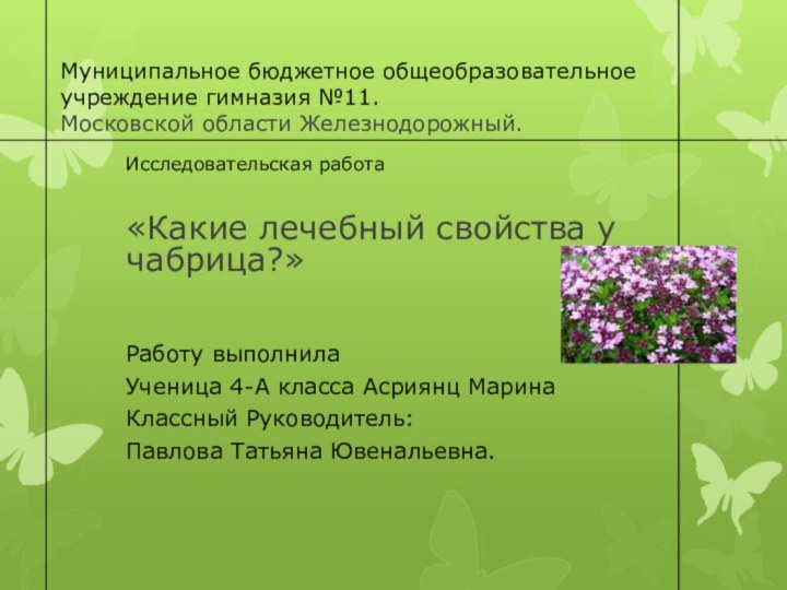 Муниципальное бюджетное общеобразовательное учреждение гимназия №11. Московской области Железнодорожный.Исследовательская работа «Какие лечебный