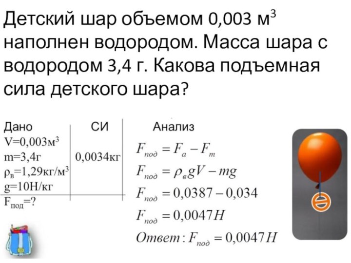 Детский шар объемом 0,003 м3 наполнен водородом. Масса шара с водородом 3,4