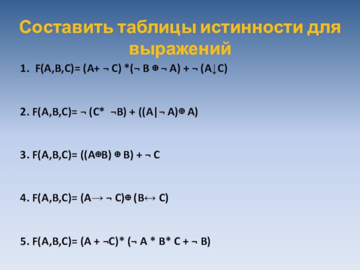 Составить таблицы истинности для выражений1. F(A,B,C)= (A+  C) *( B 