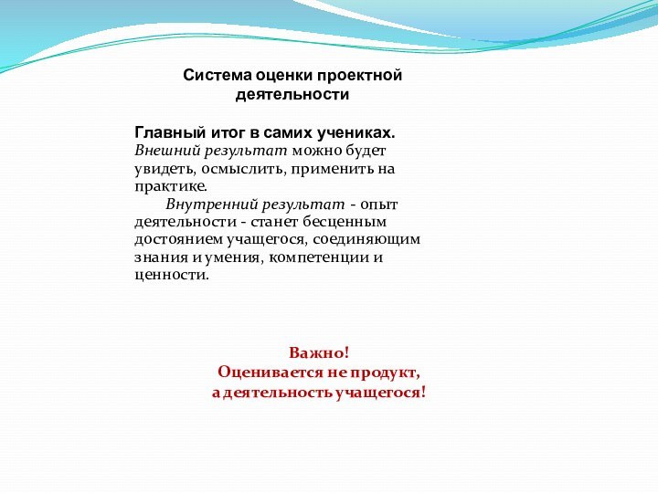 Система оценки проектной деятельностиГлавный итог в самих учениках. Внешний результат можно будет