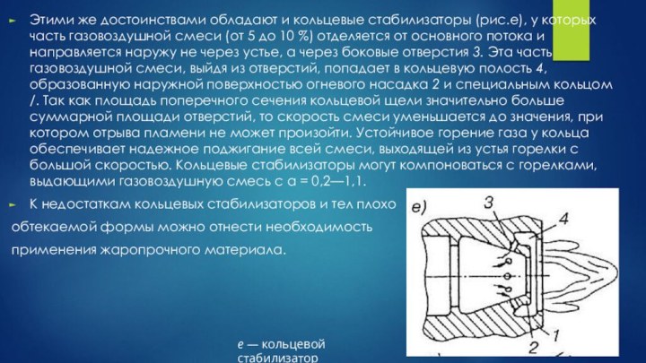 Этими же достоинствами обладают и кольцевые стабилизаторы (рис.е), у которых часть газовоздушной