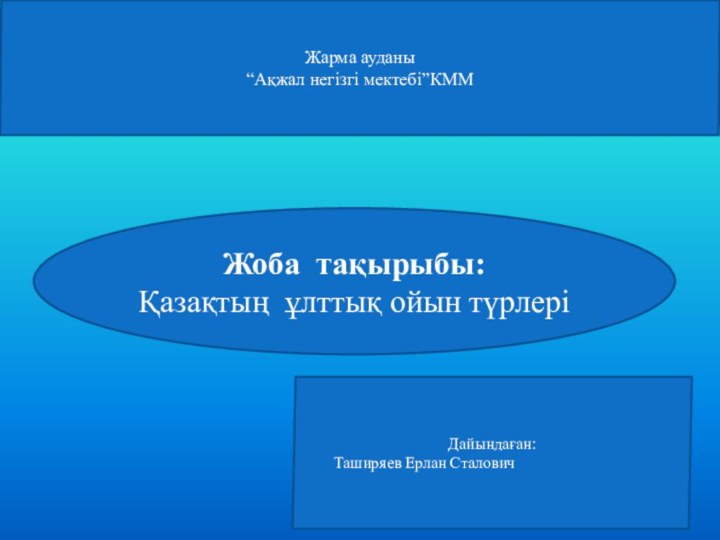 Жарма ауданы“Ақжал негізгі мектебі”КММЖоба тақырыбы: Қазақтың ұлттық ойын түрлеріДайындаған:Таширяев Ерлан Сталович