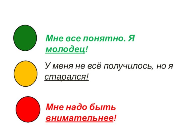 Мне все понятно. Я молодец!У меня не всё получилось, но я старался!Мне надо быть внимательнее!