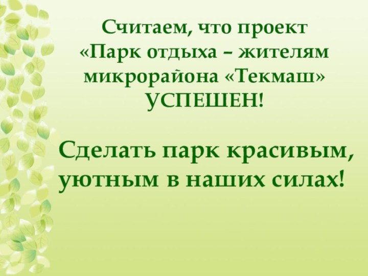 Считаем, что проект  «Парк отдыха – жителям микрорайона «Текмаш» УСПЕШЕН!Сделать парк