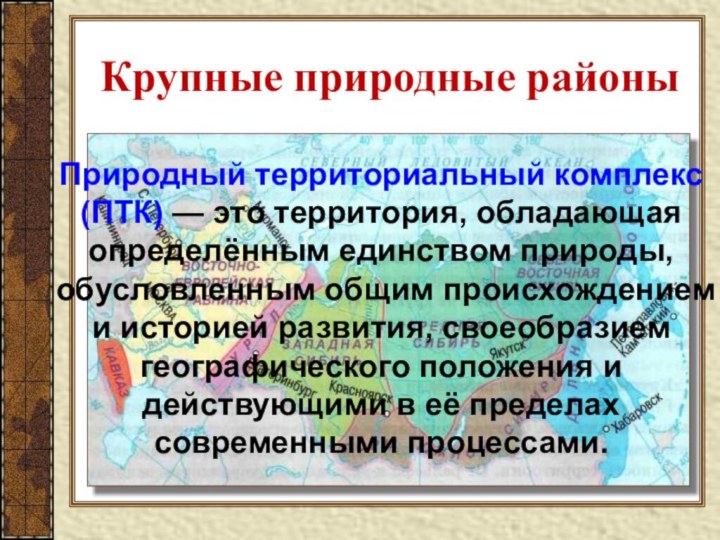 Крупные природные районыПриродный территориальный комплекс (ПТК) — это территория, обладающая определённым единством