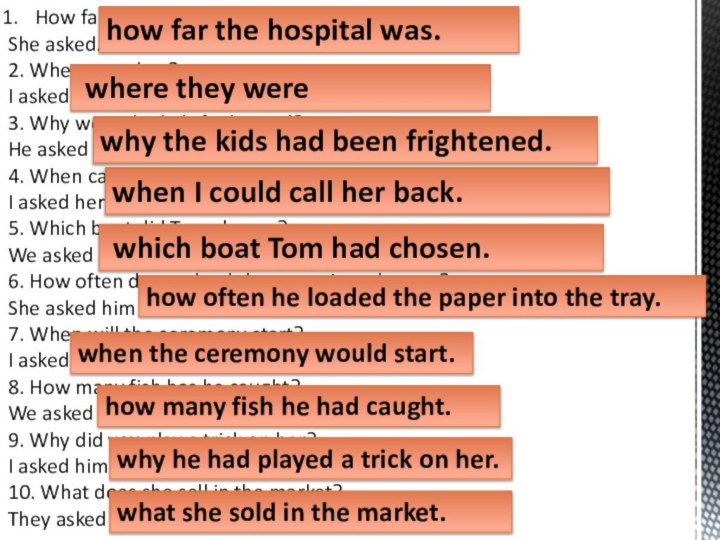 How far is the hospital? She asked..2. Where are they?I asked …3.