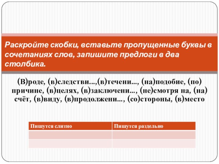 (В)роде, (в)следстви...,(в)течени…, (на)подобие, (по)причине, (в)целях, (в)заключени…, (не)смотря на, (на)счёт, (в)виду, (в)продолжени…, (со)стороны,