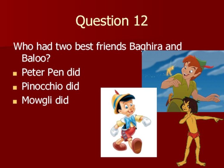 Question 12Who had two best friends Baghira and Baloo?Peter Pen didPinocchio didMowgli did